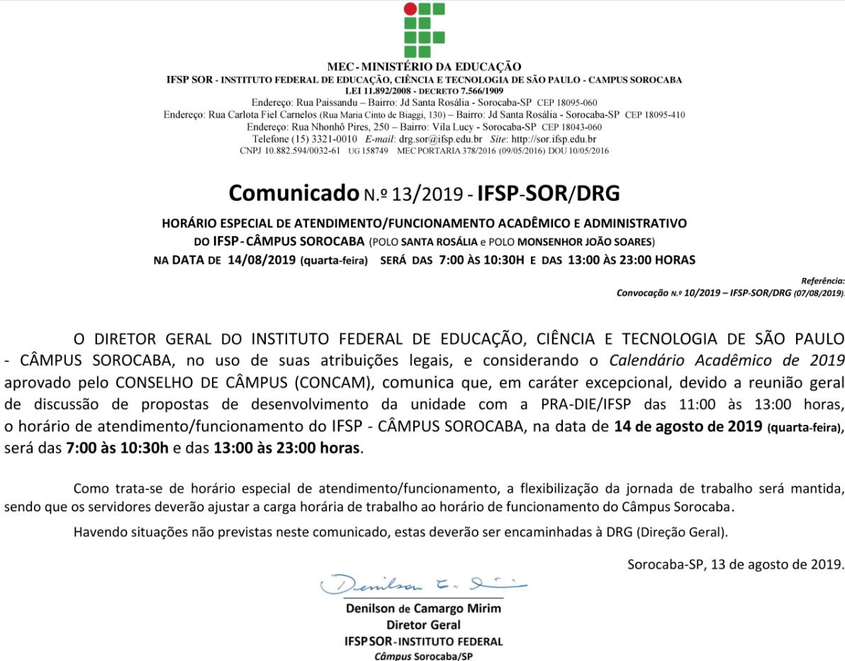 2019.08.13 IFSP SOR.DRG Comunicado 13 . 2019 13.08.2019