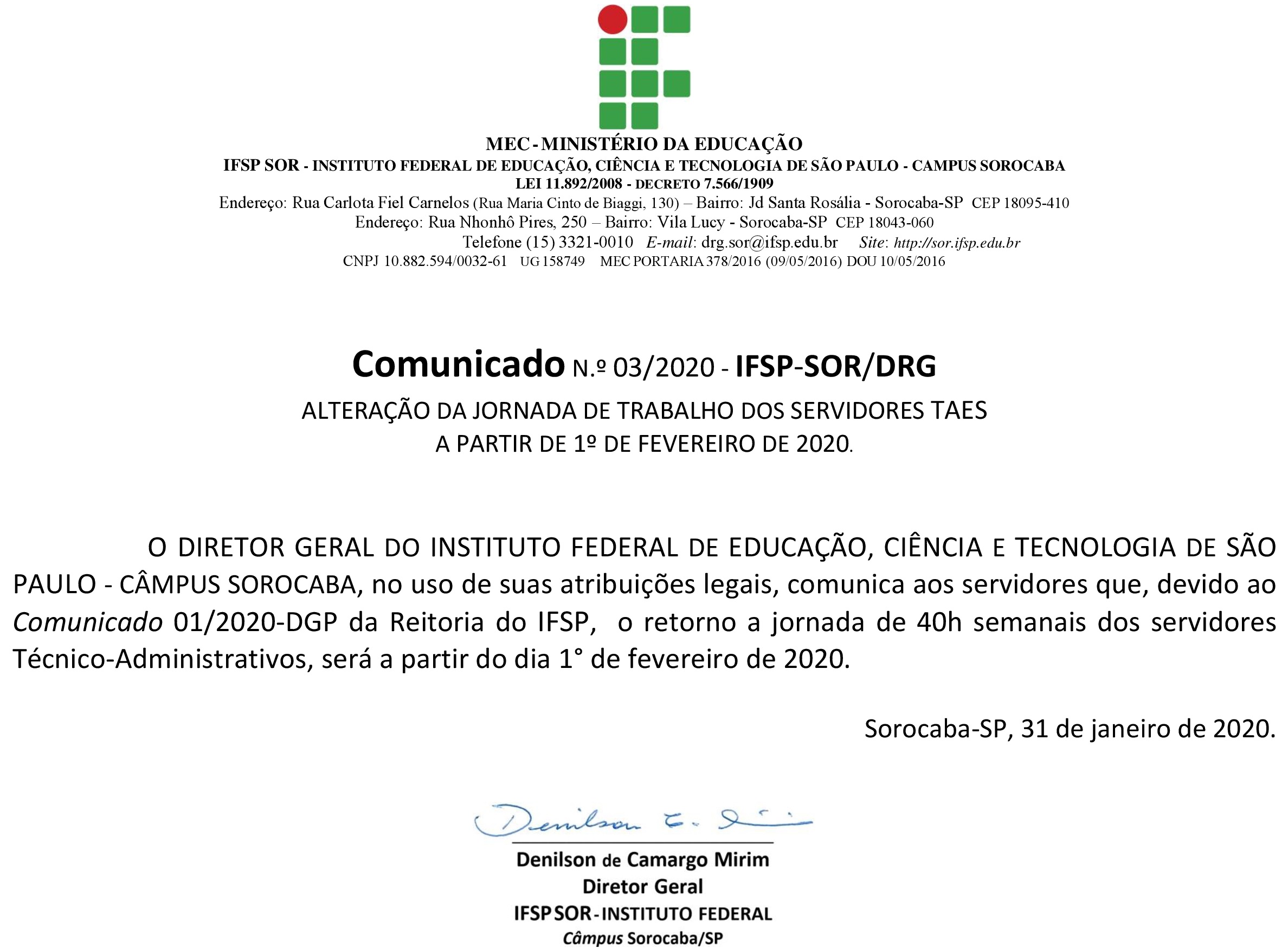 2020.01.31 IFSP SOR.DRG Comunicado 3 . 2020 31.01.2020